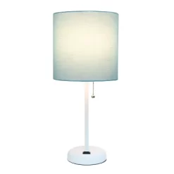 19.5" Bedside Power Outlet Base Metal Table Desk Lamp In White With Aqua Blue Fabric Shade - Creekwood Home