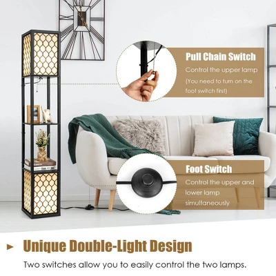 Tangkula Modern Shelf Floor Lamp, Freestanding Double Lamp W/ 2-Tier Wood Shelf & White Lampshade, E26 Bulb Base, Pull Chain & Foot Switch 6 Tangkula Modern Shelf Floor Lamp, Freestanding Double Lamp W/ 2-Tier Wood Shelf & White Lampshade, E26 Bulb Base, Pull Chain & Foot Switch - Image 6