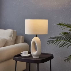 Brightech Artemis Mid-Century (Includes LED Light Bulb) Round Table Lamp Beige Ceramic: Matte Finish, USB Port, Linen Shade, UL Listed, 22" Height -Lighting Discount Store GUEST 9d71abaa 26a8 4753 8d25 d51936c1fd99