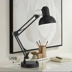 360 Lighting Wyatt 25" High Modern Desk Lamp USB Port Architect Adjustable Height Black Finish Metal Single Home Office Living Room Charging Bedroom