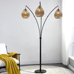 Maxax 76.5" Rattan Floor Lamps, 3 Lights Arc Farmhouse Boho Floor Lamp For Bedroom