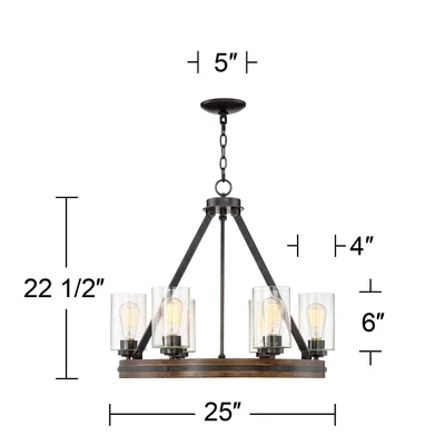 Franklin Iron Works Metal Wood Wagon Wheel Chandelier 25" Wide Rustic Farmhouse Clear Seeded Glass 6-Light Fixture For Dining Room 4 Franklin Iron Works Metal Wood Wagon Wheel Chandelier 25" Wide Rustic Farmhouse Clear Seeded Glass 6-Light Fixture For Dining Room - Image 4