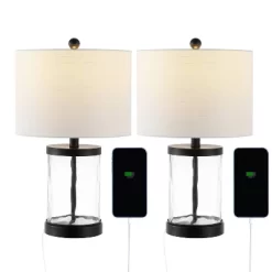 Set Of 2 21" Alexander Modern Iron/Water Glass Table Lamps With USB Port - JONATHAN Y: Bedroom Charging Station, Drum Shade
