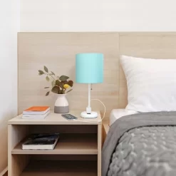 19.5" Bedside Power Outlet Base Metal Table Desk Lamp In White With Aqua Blue Fabric Shade - Creekwood Home -Lighting Discount Store GUEST a5710162 aa86 41e0 88b7 204f955ab3a6