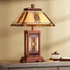 Robert Louis Tiffany Walnut Mission Rustic Table Lamp 27" Tall Wood With Nightlight Stained Art Glass Shade For Bedroom Living Room Bedside Nightstand