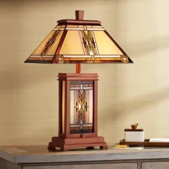 Robert Louis Tiffany Walnut Mission Rustic Table Lamp 27" Tall Wood With Nightlight Stained Art Glass Shade For Bedroom Living Room Bedside Nightstand