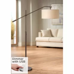 Possini Euro Design Modern Floor Lamp With USB Port 62 1/2" Tall Oil Rubbed Bronze Boom Arm Brown Drum Shade For Living Room House