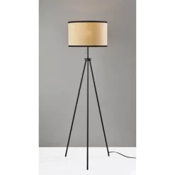 Adesso Raven Floor Lamp Black: Tripod Base, Natural Woven Paper Shade, 58.5" Height