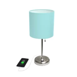 19.5" Bedside USB Port Feature Metal Table Desk Lamp Brushed Steel With Aqua Blue Fabric Shade - Creekwood Home -Lighting Discount Store GUEST af0fcb74 256f 4c50 a804 545b5ead6153