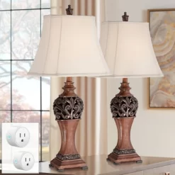 Regency Hill Exeter 30" Tall Large Traditional End Table Lamps Set Of 2 WiFi Smart Socket Wood-Tone Finish Living Room Bedroom Bedside Cream Shade