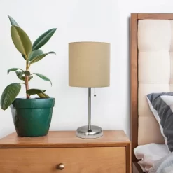 19.5" Bedside USB Port Feature Metal Table Desk Lamp Brushed Steel With Tan Fabric Shade - Creekwood Home -Lighting Discount Store GUEST bace0f9f 9611 40a8 9734 37eed34ffb34