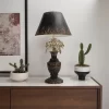 Vintage Floral Table Lamp With Distressed Black Shade And Elegant Flower Accents, Rustic Home Decor, 1pc