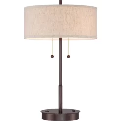 360 Lighting Modern Accent Table Lamp With USB And AC Power Outlet 23 1/2" High Bronze Fabric Drum Shade For Bedroom Living Room House Desk Bedside -Lighting Discount Store GUEST c1e2ee85 24e7 4a2c 84a4 de1275ca7557