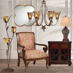 Franklin Iron Works Amber Scroll Golden Bronze Large Chandelier 31 1/2" Wide Rustic Art Glass 6-Light Fixture For Dining Room House Kitchen Island -Lighting Discount Store GUEST c2d62206 cb30 489c a56d f094cb9269e2