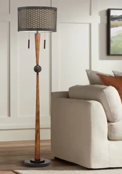 Lighting Discount Store 29 Franklin Iron Works Modern Mid Century Farmhouse Rustic Floor Lamp 64" Tall Bronze Cherry Wood Metal Cream Double Drum Shade For Living Room Reading