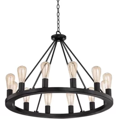 Franklin Iron Works Lacey Black Wagon Wheel Chandelier 28" Wide Industrial 12-Light LED Fixture For Dining Room House Foyer Kitchen Island Entryway -Lighting Discount Store GUEST c79a6d95 8596 4906 8366 8d971d8a1459