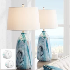 360 Lighting Carlton 28" Tall Modern Table Lamps Set Of 2 WiFi Smart Socket Blue Marble Finish Living Room Bedroom Bedside Nightstand White Shade