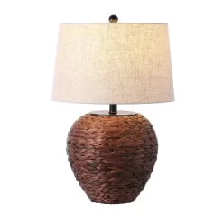 JONATHAN Y Alaro 24.5" Table Lamp: Hand-Woven, Beige Linen Shade, Rustic Metal Frame