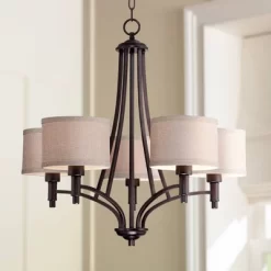 Franklin Iron Works La Pointe Oil Rubbed Bronze Pendant Chandelier 26" Wide Rustic Oatmeal Linen Shade 5-Light Fixture For Dining Room Kitchen Island