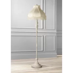 360 Lighting Vintage Shabby Chic Floor Lamp 60" Tall Antique White Cream Scallop Fabric Dome Shade Fringe For Living Room Reading Bedroom