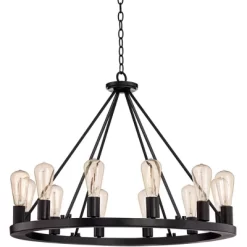 Franklin Iron Works Lacey Black Wagon Wheel Chandelier 28" Wide Industrial 12-Light LED Fixture For Dining Room House Foyer Kitchen Island Entryway -Lighting Discount Store GUEST d468a629 6743 4bea 98d7 3753d853d6d3