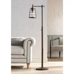 Franklin Iron Works Averill Rustic Farmhouse Industrial Downbridge Floor Lamp 61" Tall Oiled Bronze LED Seedy Glass Shade For Living Room Reading Home
