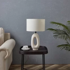 Brightech Artemis Mid-Century (Includes LED Light Bulb) Round Table Lamp Beige Ceramic: Matte Finish, USB Port, Linen Shade, UL Listed, 22" Height -Lighting Discount Store GUEST d92d598a de9d 4dda 9a5a 4952d00a3a47