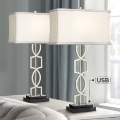 360 Lighting Evan Modern Table Lamps 28 1/2" Tall Set Of 2 Brushed Nickel With USB Charging Port White Rectangular Shade For Bedroom Living Room House