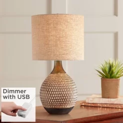 360 Lighting Mid-Century Modern Accent Table Lamp With USB Charging Port 21" High Wood Brown Ceramic Oatmeal Drum Shade Living Room Desk Bedroom