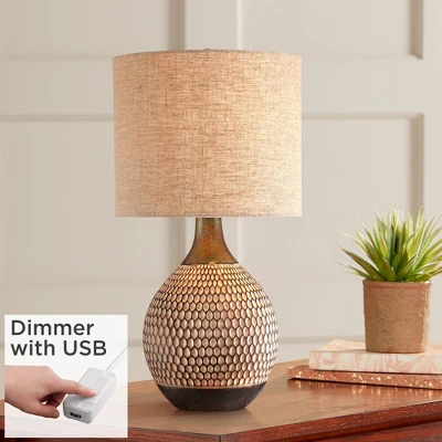 360 Lighting Mid-Century Modern Accent Table Lamp With USB Charging Port 21" High Wood Brown Ceramic Oatmeal Drum Shade Living Room Desk Bedroom 1 360 Lighting Mid-Century Modern Accent Table Lamp With USB Charging Port 21" High Wood Brown Ceramic Oatmeal Drum Shade Living Room Desk Bedroom
