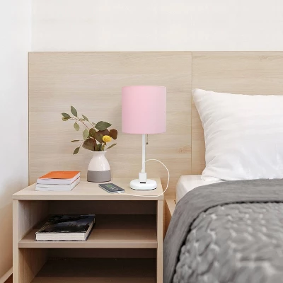 19.5" Bedside Power Outlet Base Metal Table Desk Lamp In White With Light Pink Fabric Shade - Creekwood Home 6 19.5" Bedside Power Outlet Base Metal Table Desk Lamp In White With Light Pink Fabric Shade - Creekwood Home - Image 6