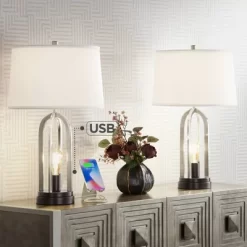 360 Lighting Marcel Modern Table Lamps Set Of 2 24 1/4" High Brushed Nickel With LED Nightlight USB Charging Port White Shade For Bedroom House Desk