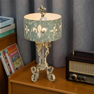 Chic Vintage Table Lamp With Distressed Cream And Blue Shade, Decorative Scroll Base, 33.66" Height, 1pc 1 Chic Vintage Table Lamp With Distressed Cream And Blue Shade, Decorative Scroll Base, 33.66" Height, 1pc